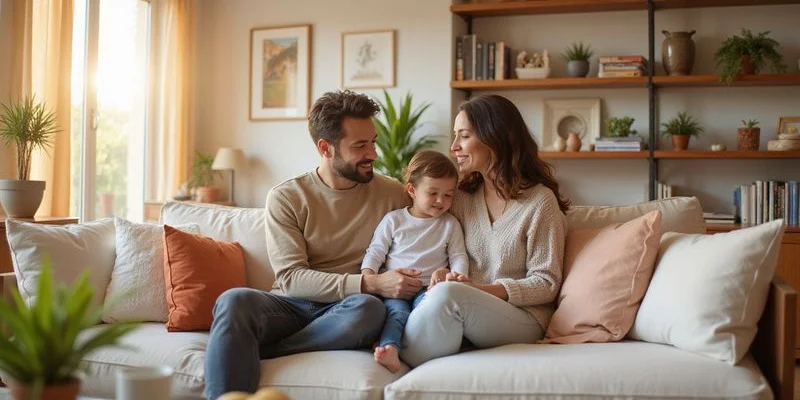 Famille dans un salon propre et organisé